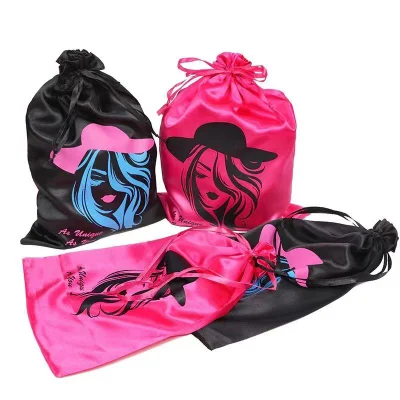 Bolsas de peluca personalizadas con logotipo, bolsas de satén de seda con cordón, bolsas de almacenamiento de pelucas para varias pelucas