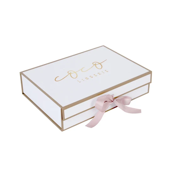 Caja de regalo de papel de embalaje con forro de satén personalizado OEM para ropa con cierre de cinta